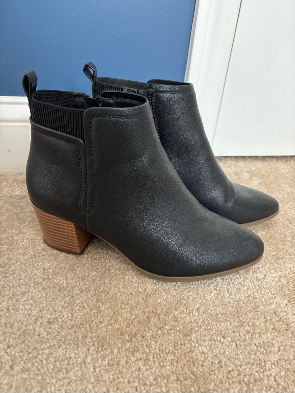 Market & Spruce Black Ankle Booties with Stacked Brown Heel